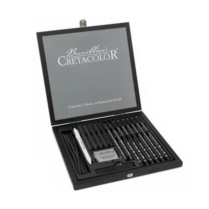 SET BLACK BOX CRETACOLOR GRAFITO Y CARBONCILLO, INLUYE BORRADOR Y DIFUMINO, 20 PZS, ESTUCHE DE MADERA 460-40 2
