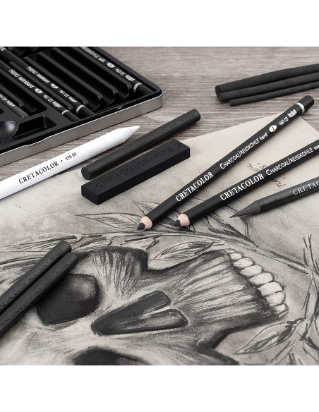 SET BLACK BOX CRETACOLOR GRAFITO Y CARBONCILLO, INLUYE BORRADOR Y DIFUMINO, 20 PZS, ESTUCHE METÁLICO, REF. 400-30