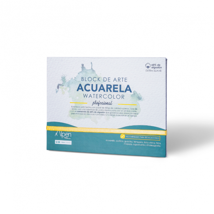 BLOCK ACUARELA PROFESIONAL ALPEN, 20 HOJAS, PAPEL DE 300 G/M2, 60% ALGODÓN, 21.5 X 28 CM