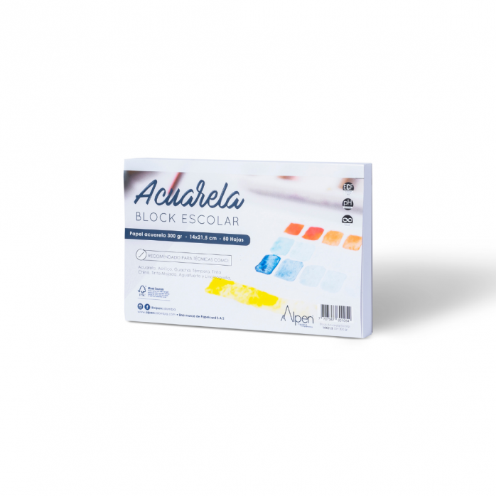 BLOCK ACUARELA ESCOLAR MEDIA CARTA ALPEN, 50 HOJAS, PAPEL DE 300 G/M2, 14 X 21.5 CM