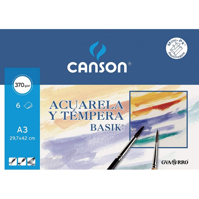 SOBRE BASIK CANSON, 6 X PAPEL PARA ACUARELA, TEMPERA Y GOUACHE, 6 HOJAS, 370 G/M2, GRANO SUAVE, A3