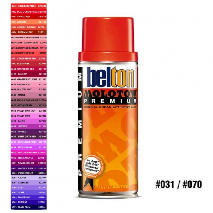 PINTURA EN AEROSOL MOLOTOW BELTON PREMIUM 400ML (GAMA 031 - 070), ROJOS Y VIOLETAS 2