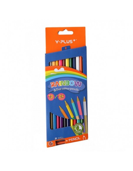 LÁPICES DE COLORES BI-PUNTA ESCOLARES Y-PLUS RAINBOW, 24 COLORES, 12 LAPICES + SACAPUNTAS