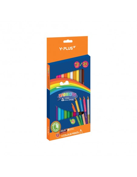 LÁPICES DE COLORES ESCOLARES BI-PUNTA JUMBO Y-PLUS RAINBOW, 24 COLORES, 12 LÁPICES + SACAPUNTAS
